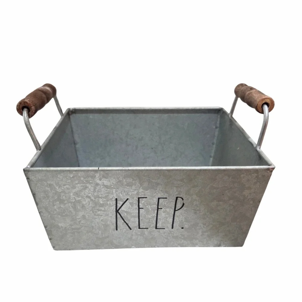 Rae Dunn Galvanized Metal Storage Bin Basket KEEP with Wood Handles Farmhouse